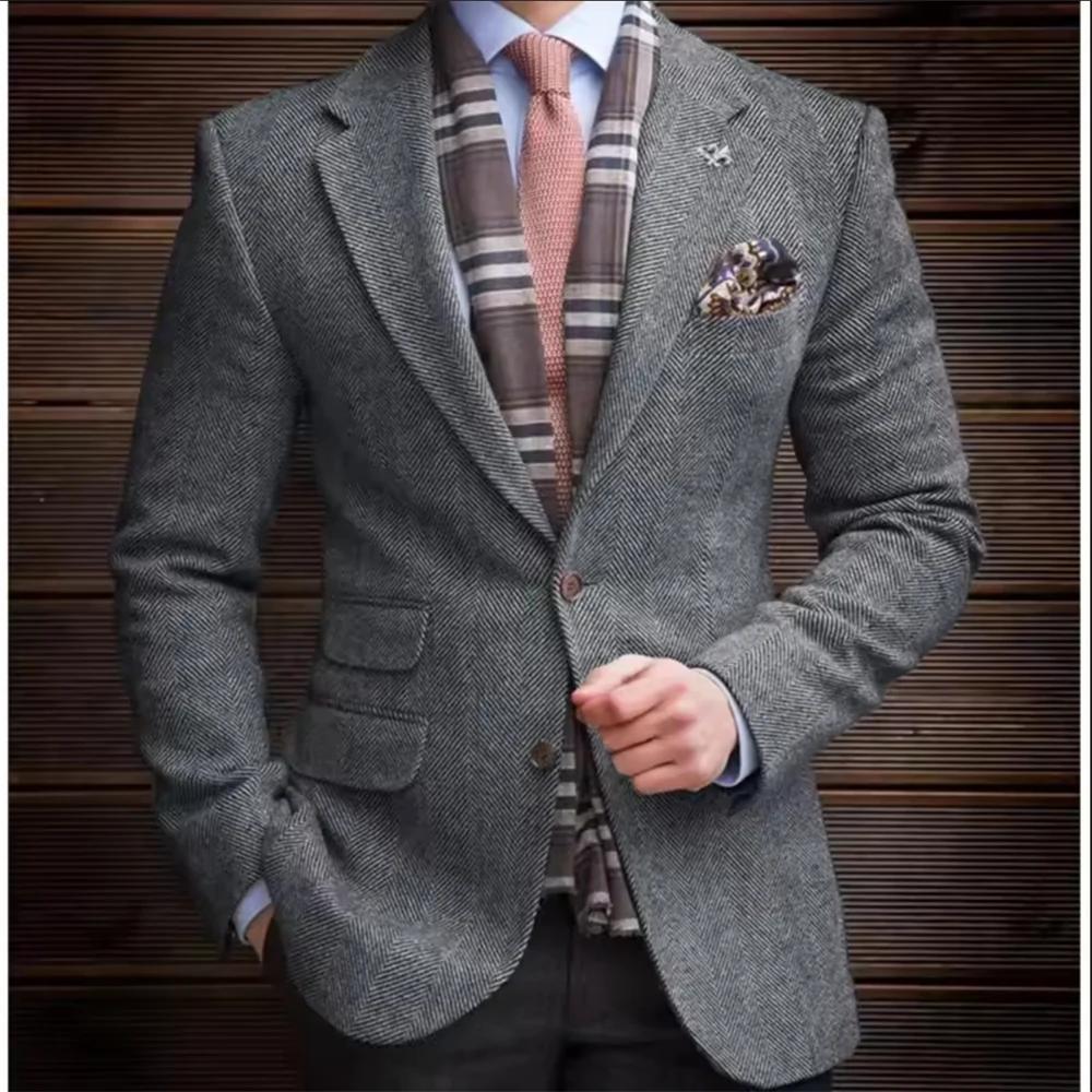 Blazer vintage sur mesure pour homme, veste en tweed à chevrons, mélange de laine, simple boutonnage