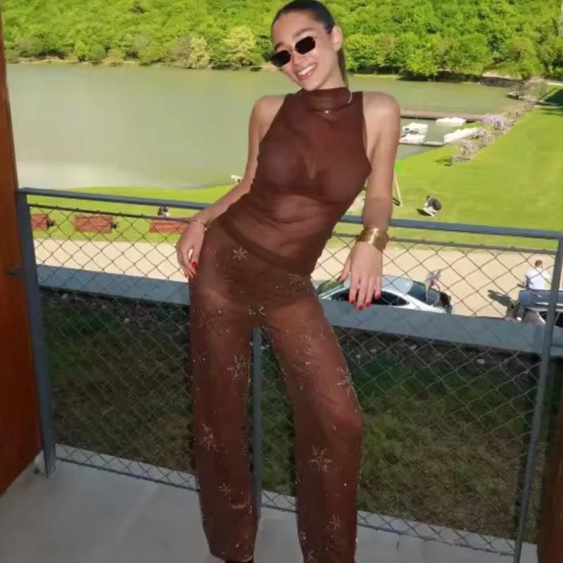 HXAO pantalons pour femmes printemps été 2025 perles marron pantalon paillettes translucides taille 