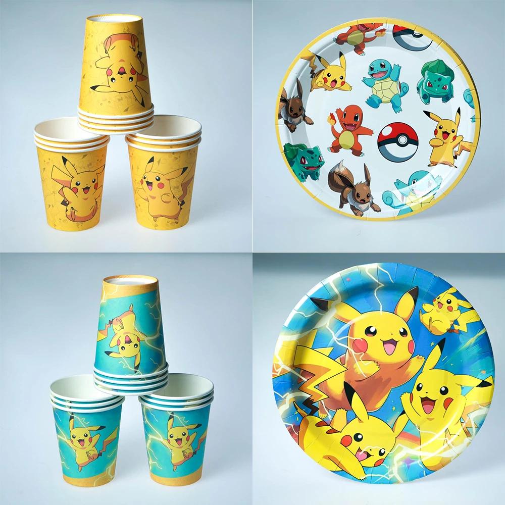 Vaisselle Pokemon Pikachu, 60 pièces, décoration d'anniversaire, gobelets jetables, assiettes, servi