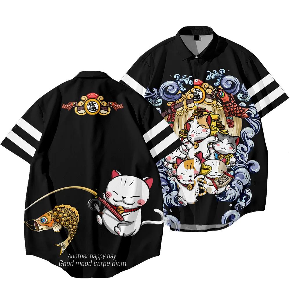 ​ ​ Chemise Harajuku Dragon Tiger pour hommes, imprimé ethnique noir, surdimensionné, manches courte