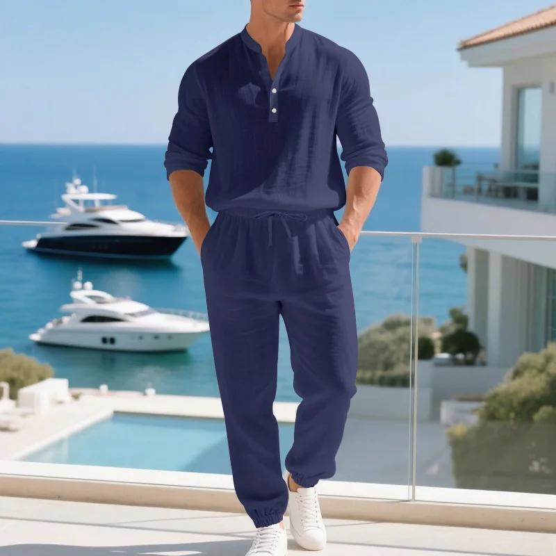 Ensemble américain en lin ample pour hommes, chemise hawaïenne fine Henry, pantalon à manches longue