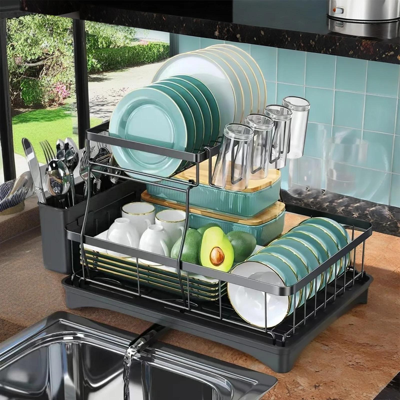 Support de rangement de cuisine, égouttoir à vaisselle à 2 niveaux avec bac d'égouttage et tapis d'é