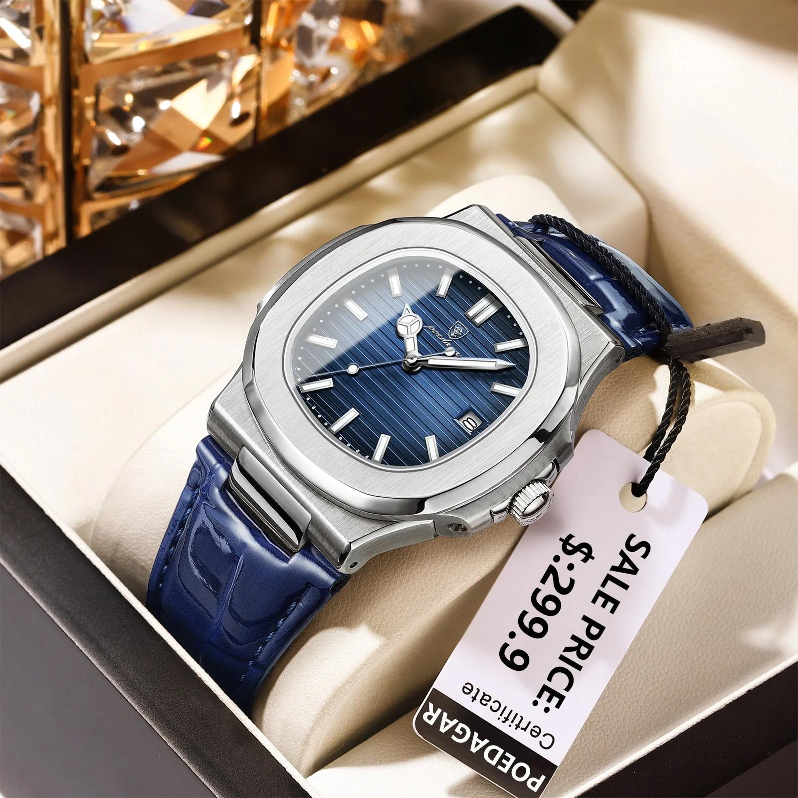 POEDAGAR haut de gamme carré homme montre Date étanche lumineux hommes montre-bracelet de haute qual