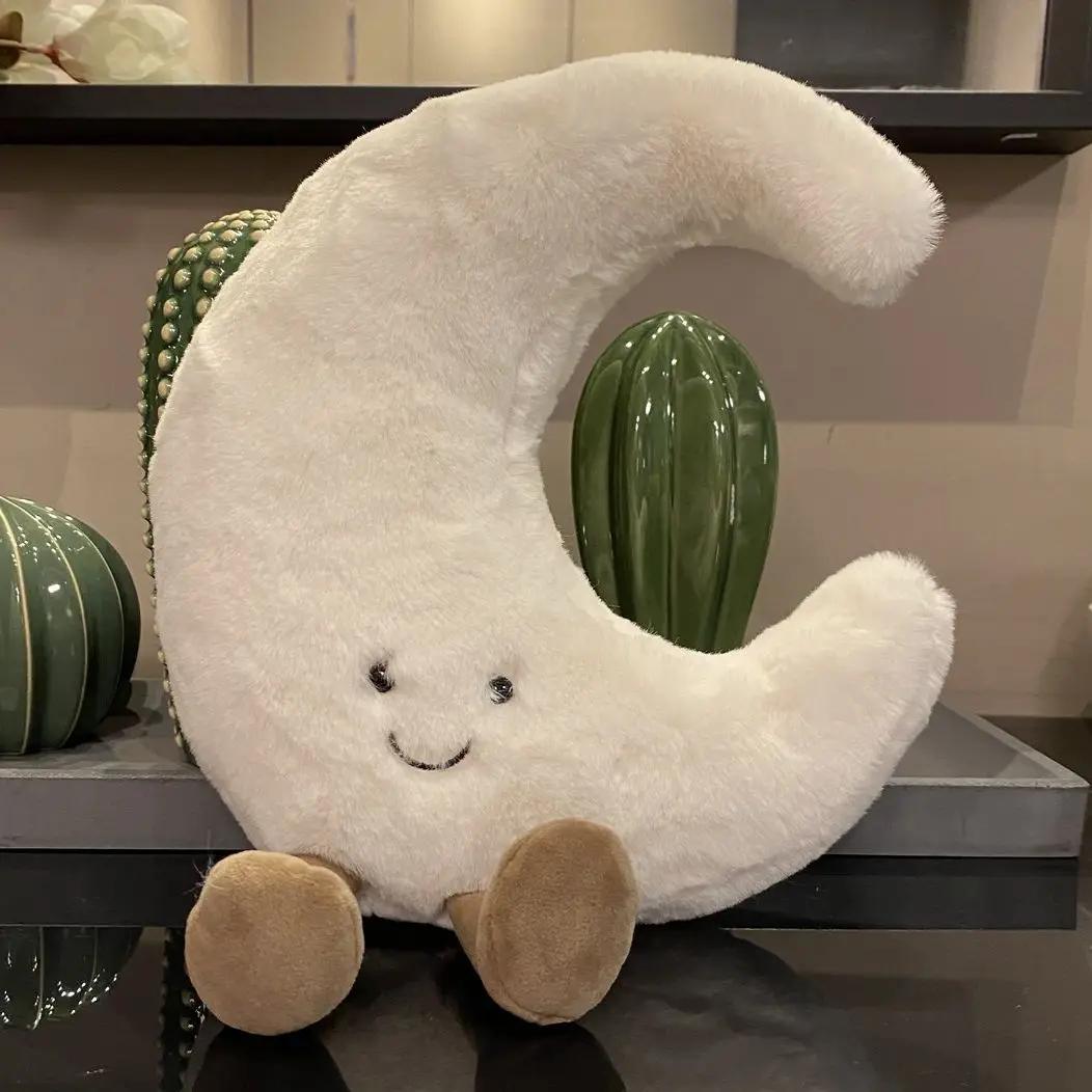 Adorable sourire visage blanc lune jaune soleil peluche peluche mignon dessin animé météo peluche jo