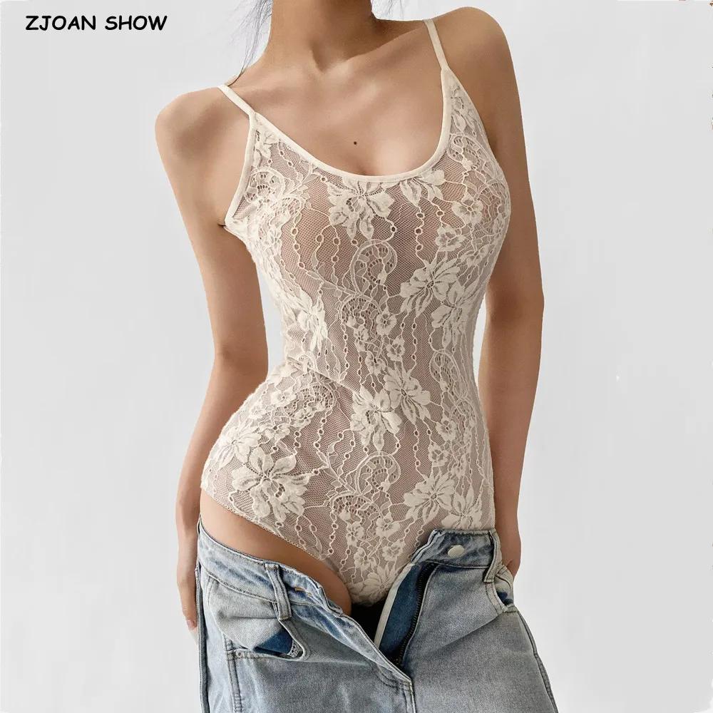 Sexy voir à travers la dentelle avec doublure dos nu Spaghetti sangle body femme fronde serré combin