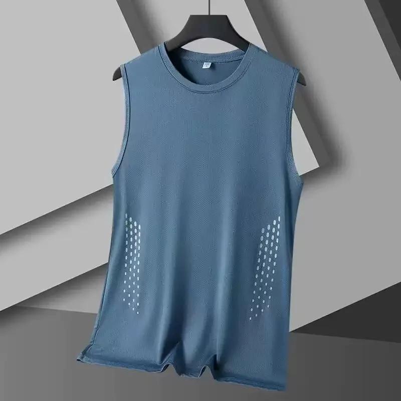 Débardeur d'été en maille pour homme, sans manches, imprimé, col rond, en soie glacée, pour le baske