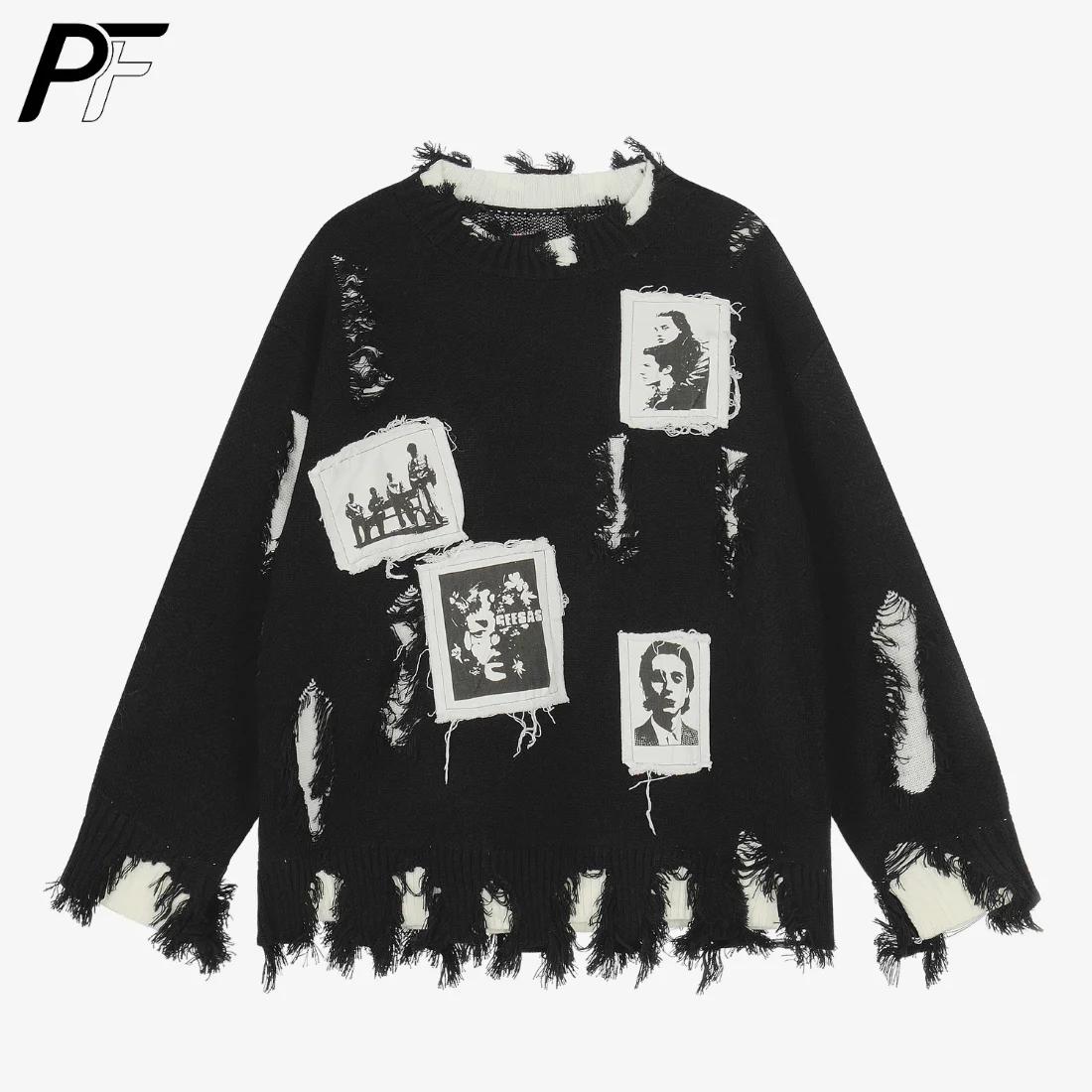 Pull col rond déchiré style rétro américain avec patch portrait, coupe ample, manches longues, décon
