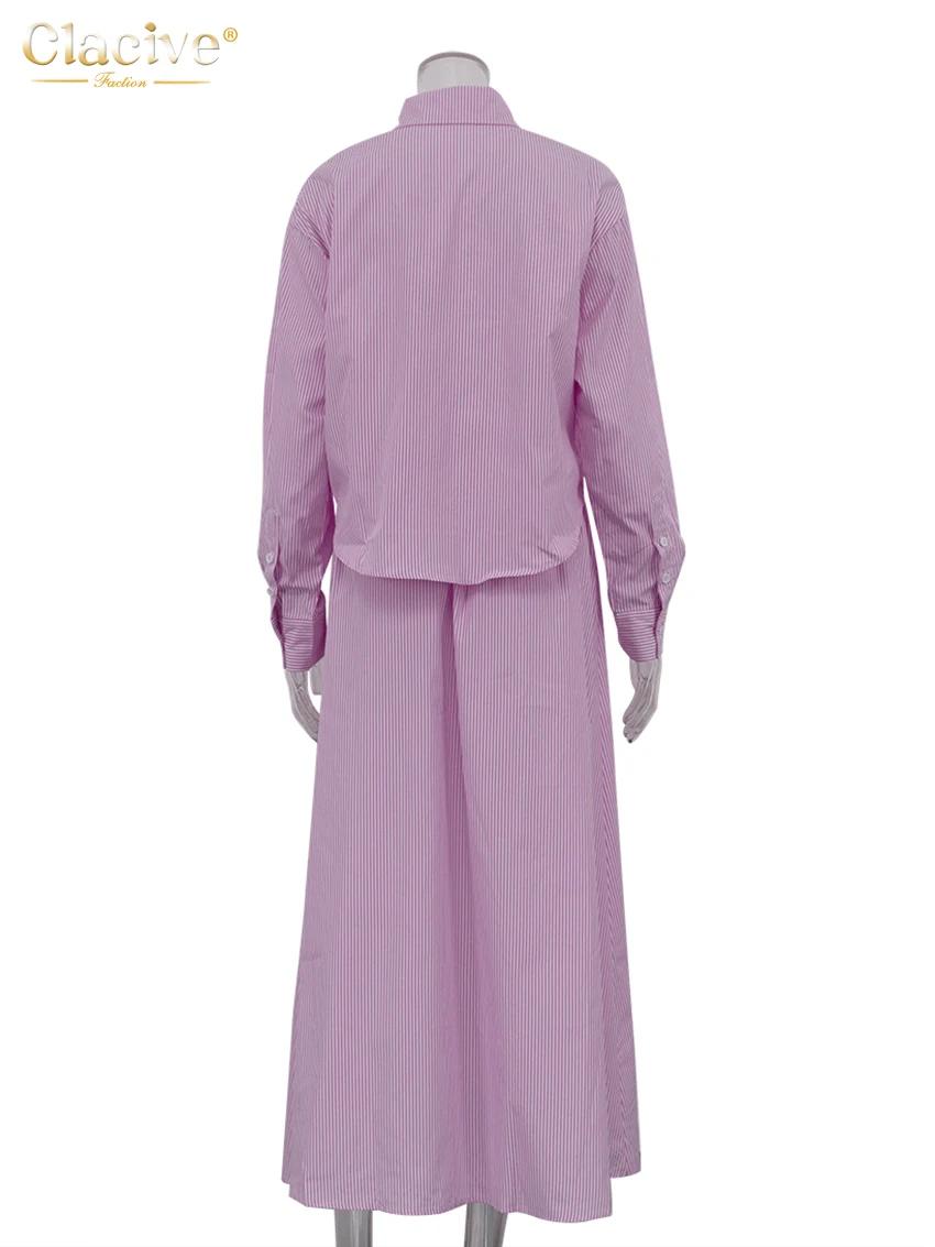 ClacMarkets-Ensemble 2 pièces à rayures roses pour femmes, chemise élégante à manches longues, jupes