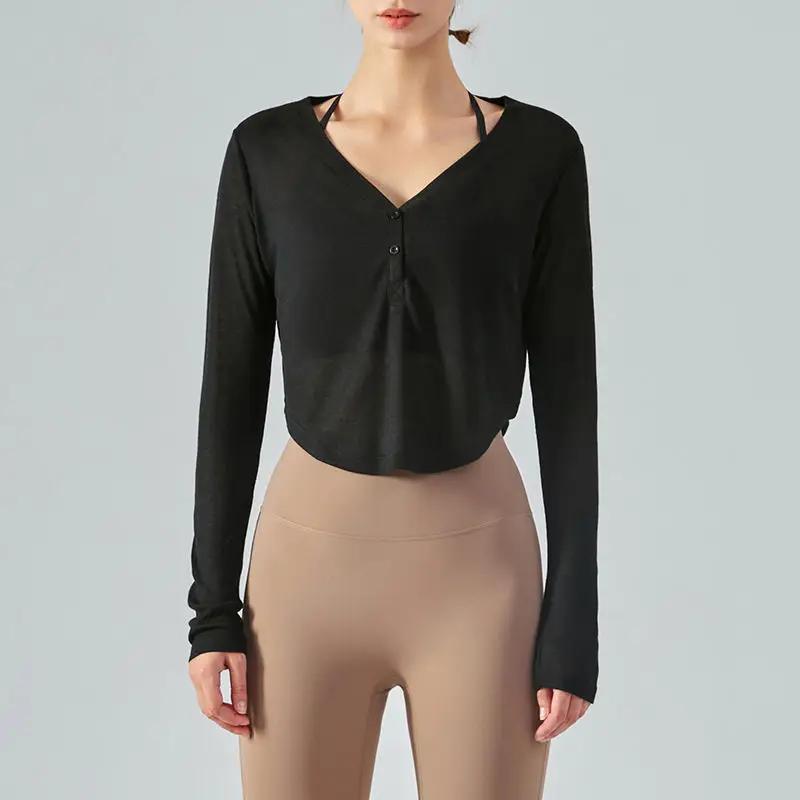 T-shirt à manches longues et col en v pour femme, vêtement Simple et Simple, résistant au soleil