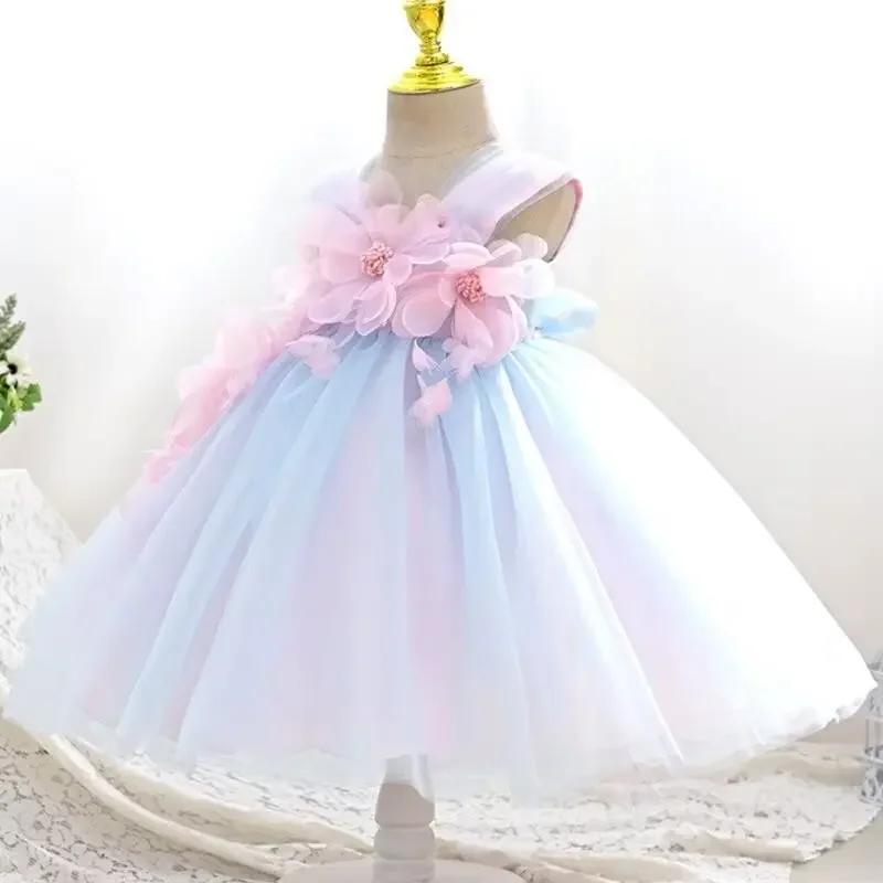 Robe d'été princesse pour filles, tenue de fête d'anniversaire, bretelles fleuries, robe féerique en