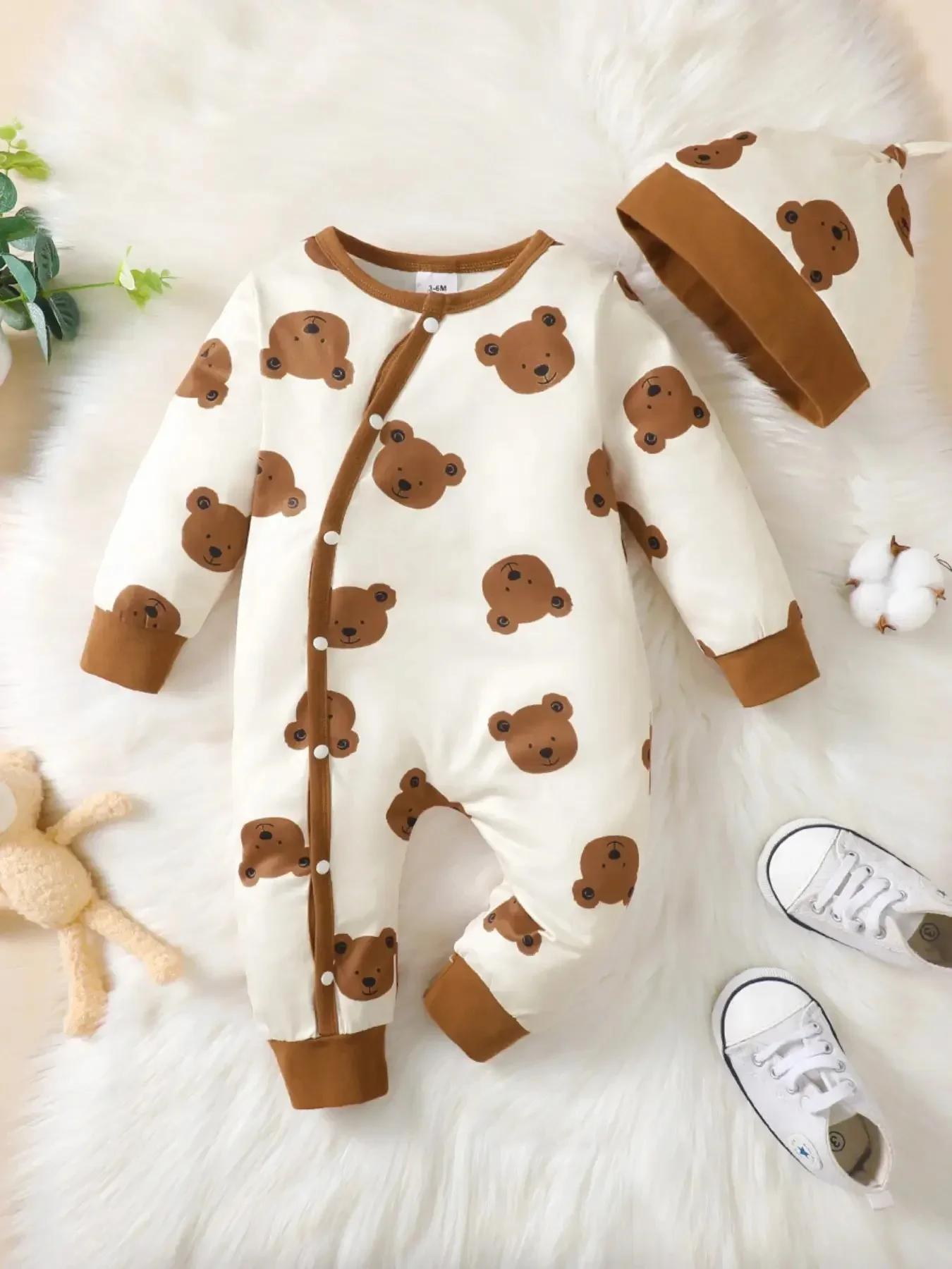 Barboteuse d'hiver pour nouveau-né garçon, imprimé ours, manches longues, boutonnée sur le devant, u