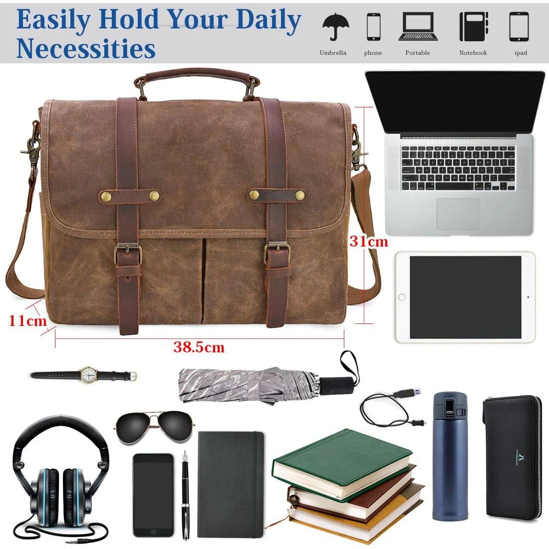 Sac messager de grande capacité pour hommes, sac en toile robuste pour ordinateur portable 15.6 pouc