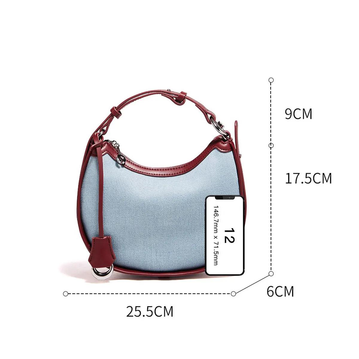 FOXER femmes Denim + cuir sac à bandoulière demi-lune sac à bandoulière mode dame petit Simple bleu 