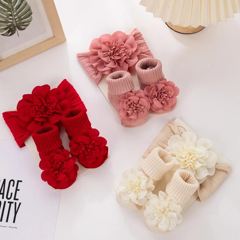 3 pièces/ensemble dentelle fleur bébé bandeaux chaussettes coton antidérapant cheville 0-12M bas lar