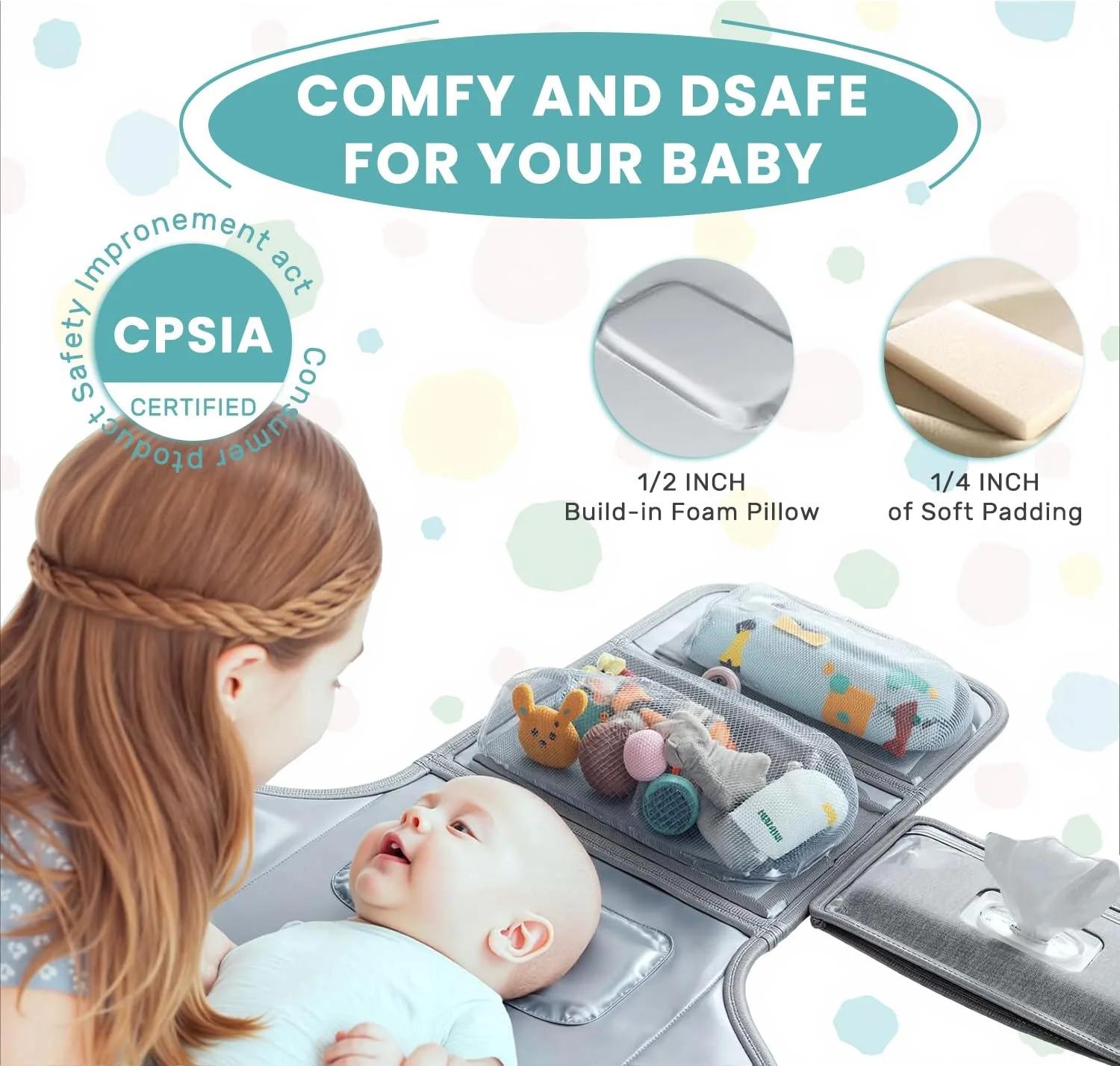 Tapis à langer portable pour bébé, design intelligent, avec poche pour lingettes, pliable, pour les 