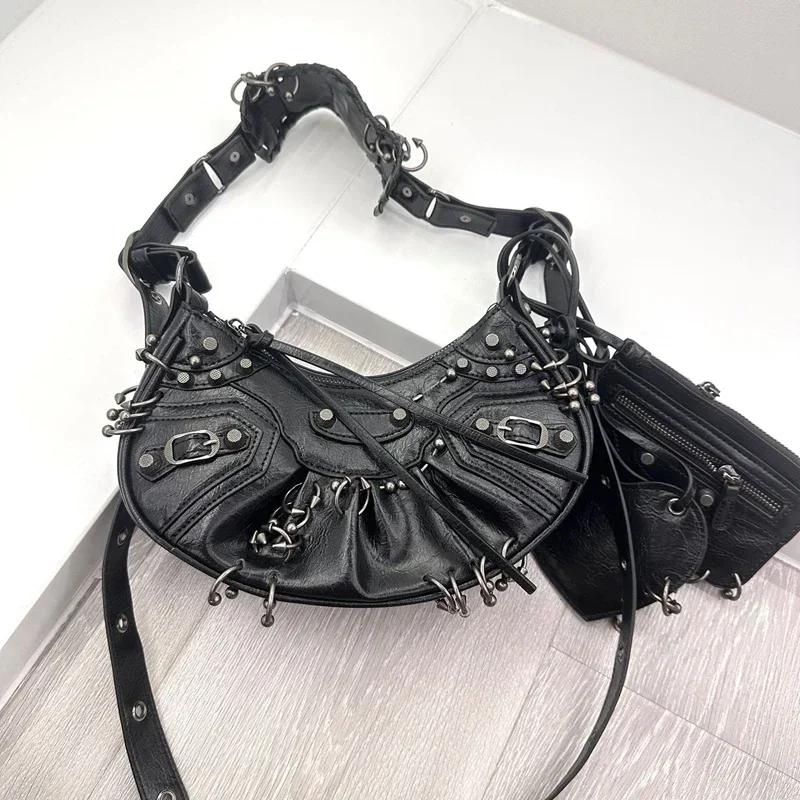 Ensemble de sacs punk pour femmes, sac fourre-tout blanc froissé avec pochette assortie, design clou