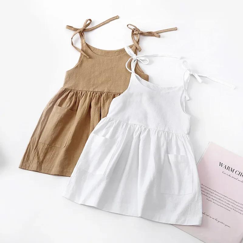 Robe d'été en coton solide pour petites filles, sans manches, pour enfants, vêtements à la mode pour