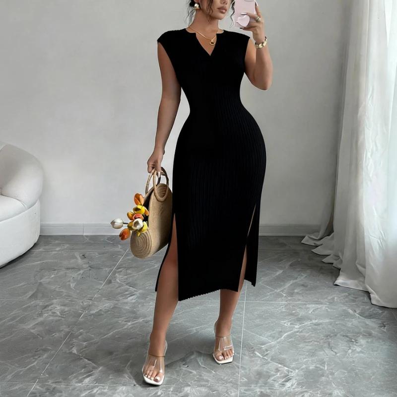 Robe longue moulante en maille blanche pour femme, col en V, sans manches, élastique, avec fente lat