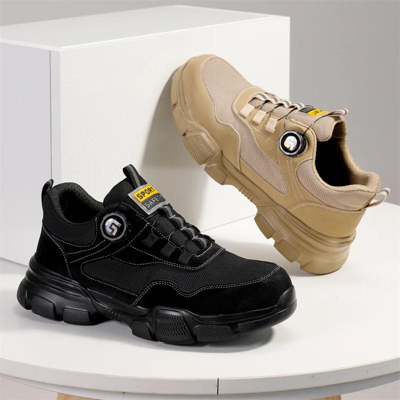 Chaussures de travail à bouton rotatif pour hommes, baskets de sécurité respirantes, bottes légères 
