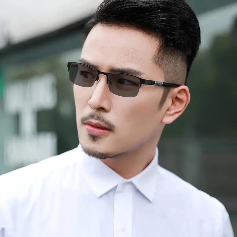 Lunettes de myopie photochromiques vintage pour hommes, demi-monture en métal, lunettes bloquant la 