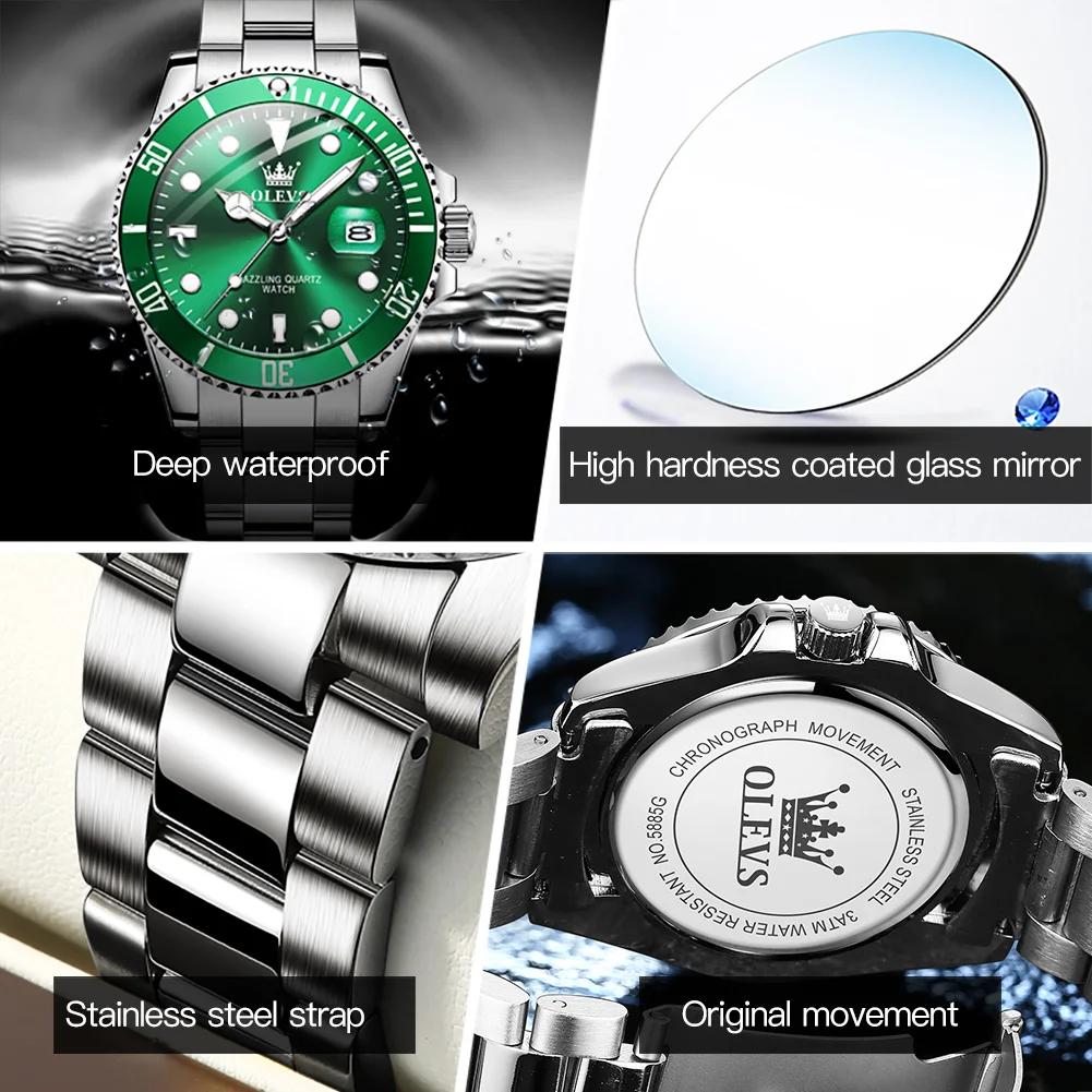 OLEVS 5885 montres pour hommes affaires bracelet en acier inoxydable montre à Quartz vert calendrier