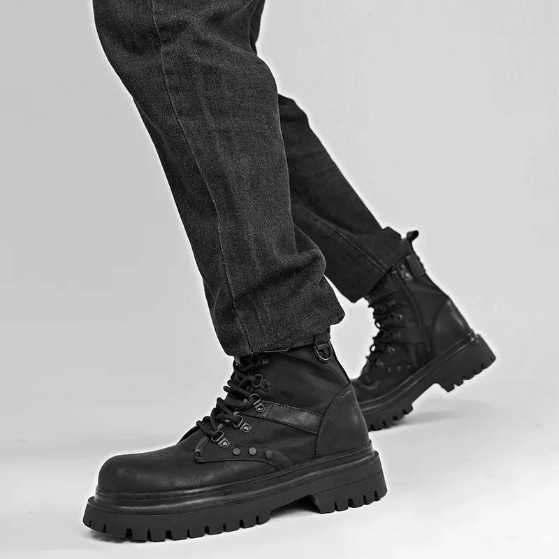 Bottes de moto polyvalentes à plateforme courtes décontractées noires style britannique rétro pour h