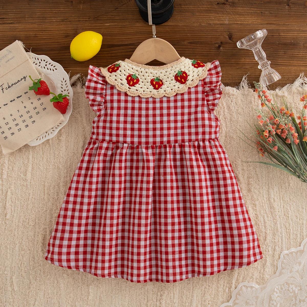 Robe d'été en coton à carreaux rouges pour bébé fille, jolie robe de plage à revers fraise