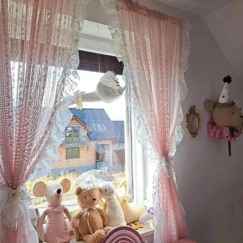 Rideau transparent en dentelle à fleurs rayées roses, romantique coréen, avec poche en dentelle à vo