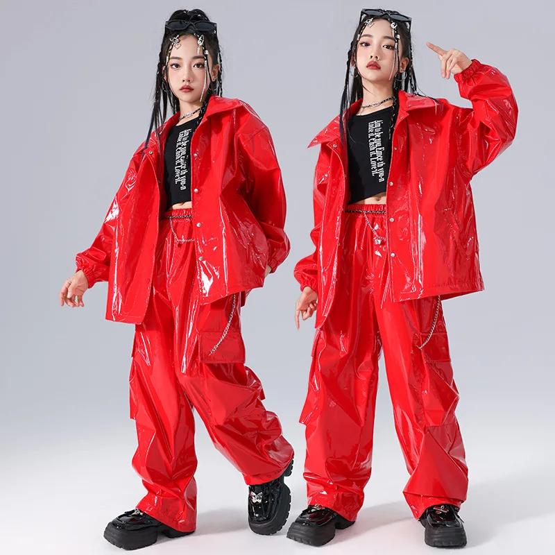 Ensembles veste et pantalon en cuir brillant pour enfants, vêtements de performance de danse sur scè