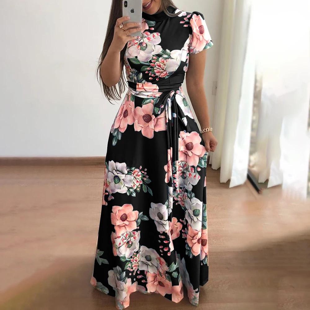Robe d'été à imprimé Floral pour femmes, nouvelle robe trapèze Boho à manches courtes, robe Maxi flu
