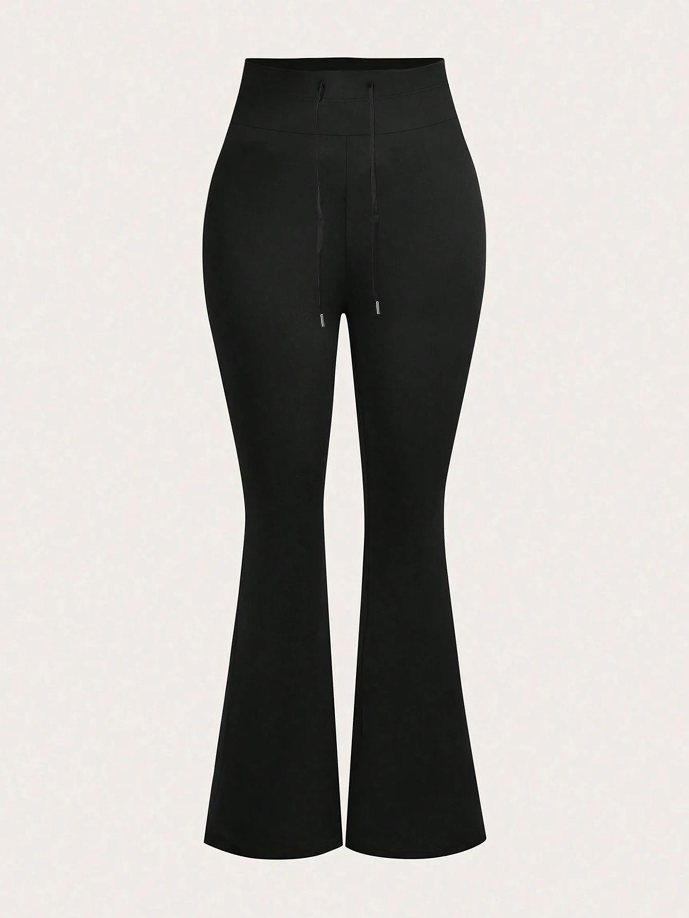 Pantalon noir taille haute à cloche pour femmes, cordon de serrage à la taille, extensible, doux pou