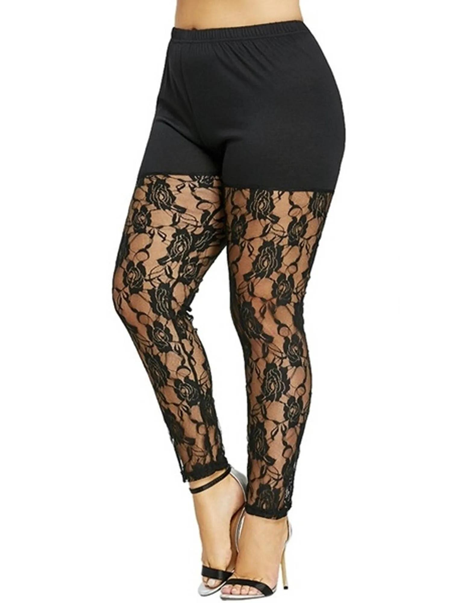 Leggings grande taille pour femmes, pantalon slim de couleur unie, couture en dentelle florale trans