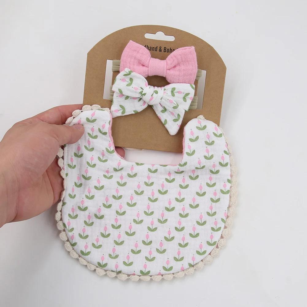 Bavoirs et bandeaux à fleurs pour bébé, 3 pièces/ensemble, bandeaux en Nylon avec nœud, serviette de