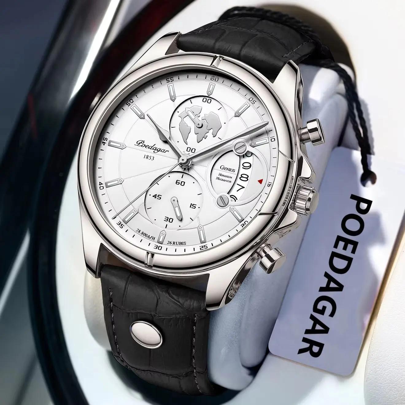 POEDAGAR luxe homme montre-bracelet chronographe Date étanche en cuir hommes montre décontracté Quar