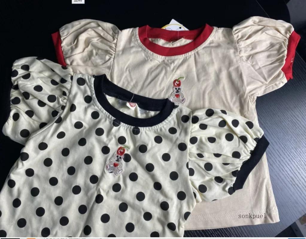 T-shirt d'été pour enfants, mignon, ondulé, à pois, petit ours brodé, vêtements pour enfants