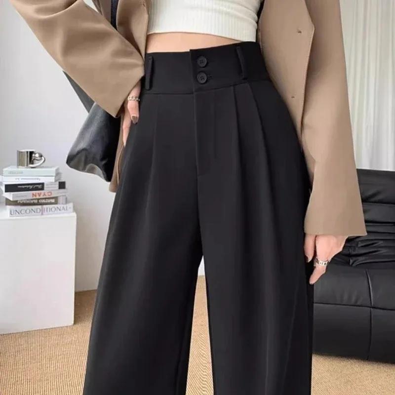 Pantalon à jambes larges pour femmes, élégant, Style coréen, taille haute, Baggy noir, bureau, mode 