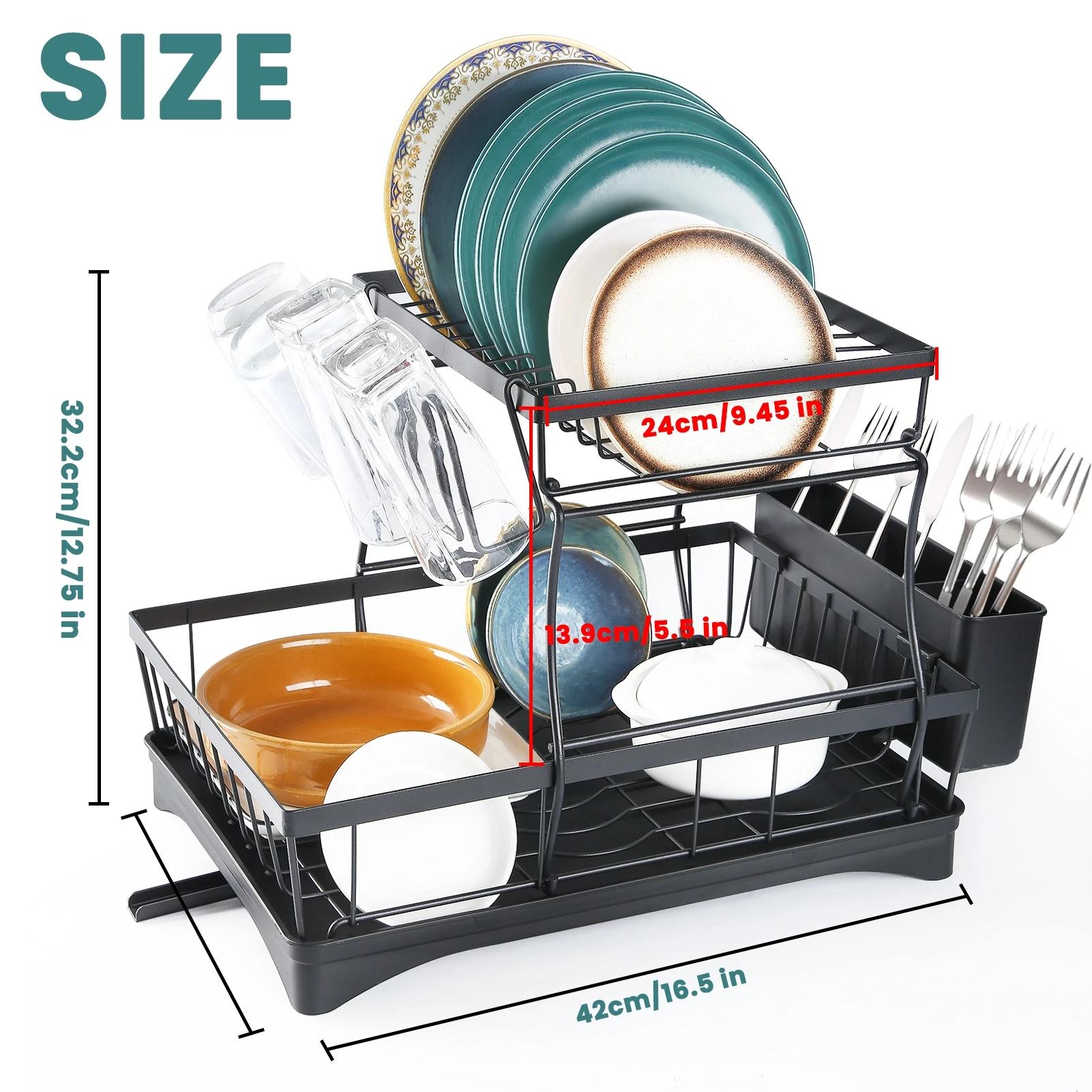 Support de rangement de cuisine, égouttoir à vaisselle à 2 niveaux avec bac d'égouttage et tapis d'é