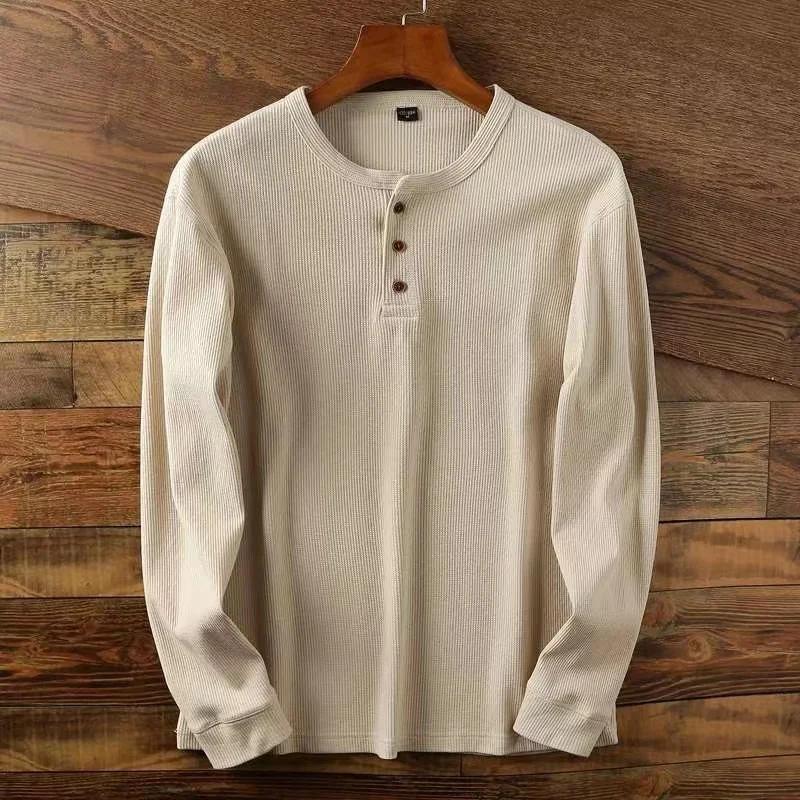 T-shirt basique pour hommes, coupe cintrée, décontracté, Henley gaufré, chemises à manches longues, 