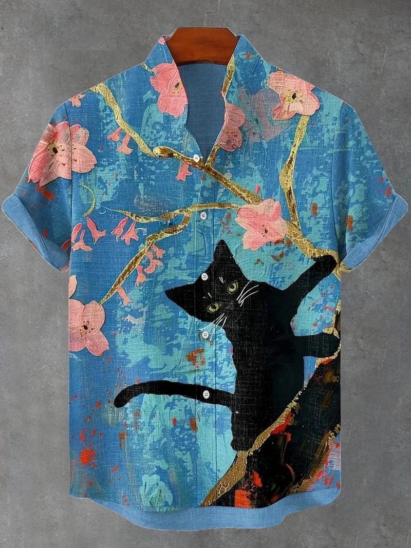 Chemises graphiques de chat pour hommes, chemise à manches courtes boutonnée à revers pour l'été, ha
