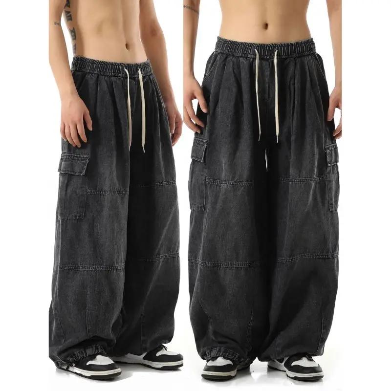 Jean Cargo Baggy noir pour hommes, pantalon de Jogging décontracté à jambes larges, surdimensionné,