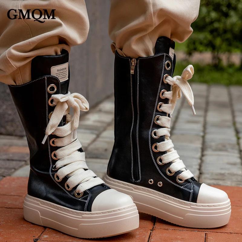 GMQM femmes bottes hautes à lacets fermeture éclair talons hauts noir plate-forme bottes bout rond s