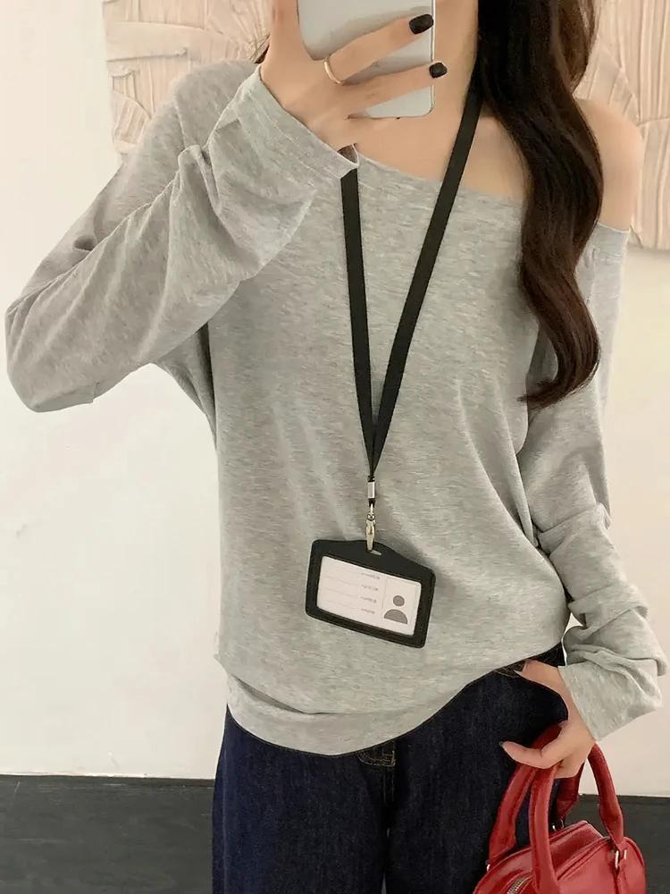 Surdimensionné épaules dénudées à manches longues t-shirt femmes couleur unie décontracté hauts dame