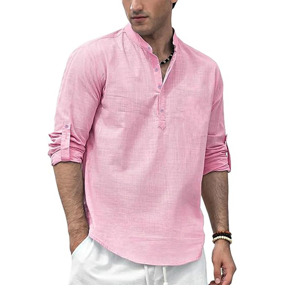 Polo à manches longues en coton et lin pour hommes, léger, col Henley, Style plage hawaïen, couleur