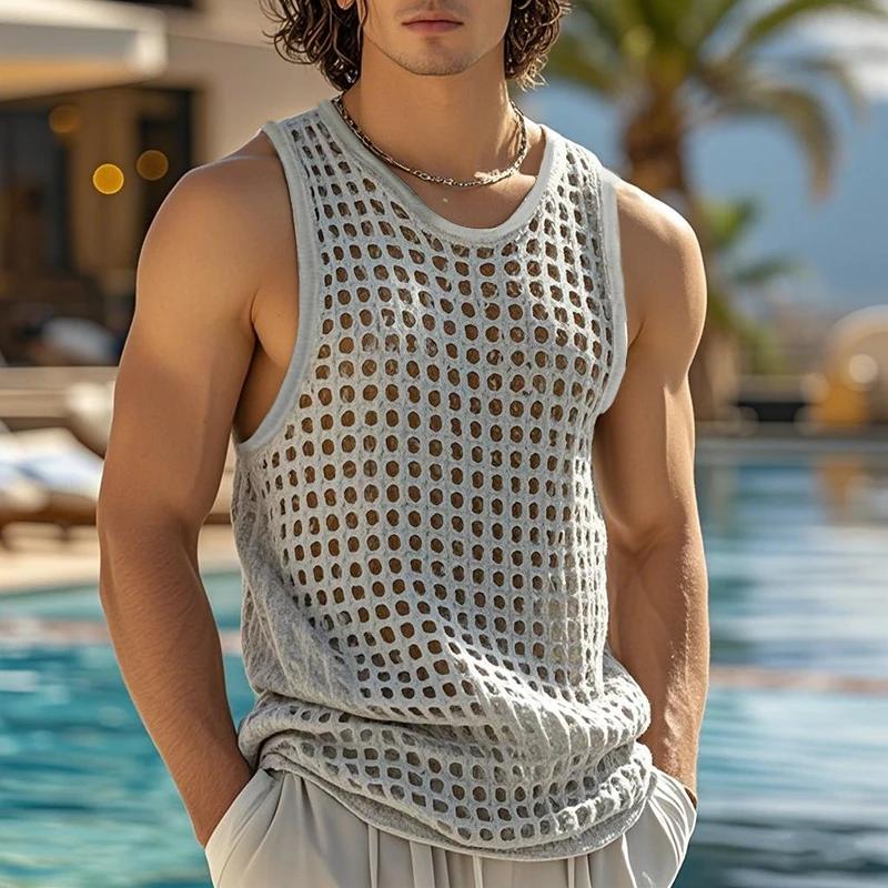 Nouveau Style américain mode hommes hauts vacances populaires évider maille gilets Sexy décontracté 