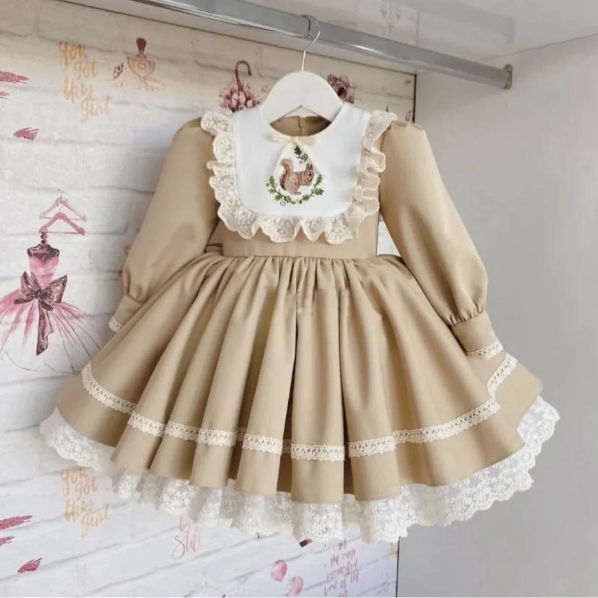 Robe de princesse Vintage kaki brodée d'écureuil pour bébé fille de 0 à 12 ans, pour photographie d'