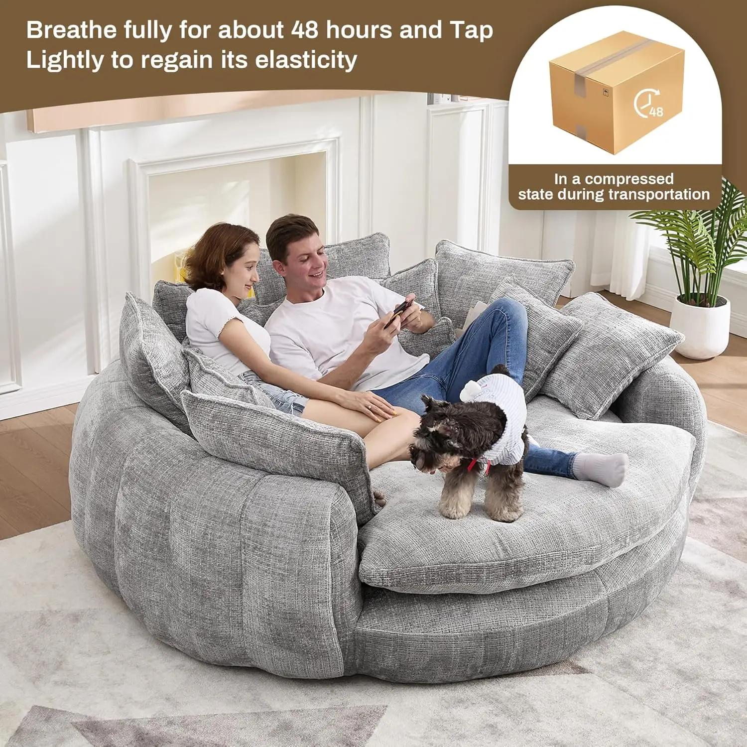 Chaise longue ronde surdimensionnée de 81,1 po de large, canapé pouf moelleux avec 14 coussins, faut