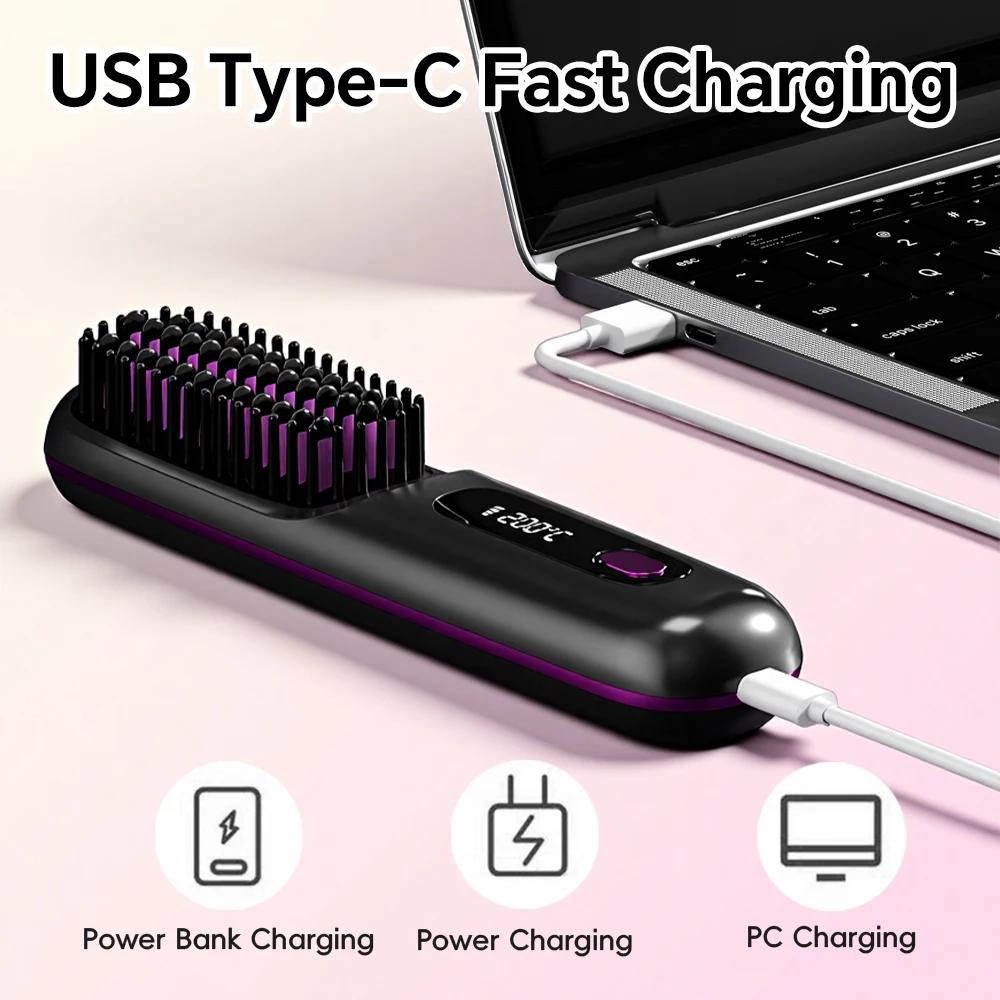 Brosse lissante sans fil rechargeable, peigne lissant à ions négatifs avec 3 réglages de température