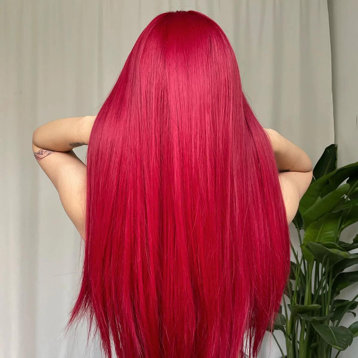 Perruque Synthétique Rouge Vin Clair avec Frange pour Femme, Cheveux Longs et Lisses, Cosplay Nature