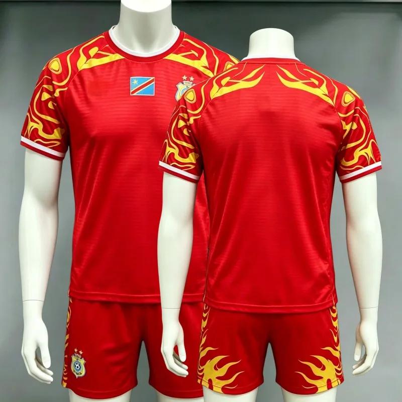 Ensemble de maillot de football DR Congo pour hommes, imprimé flamme rouge et jaune, léopards, respi