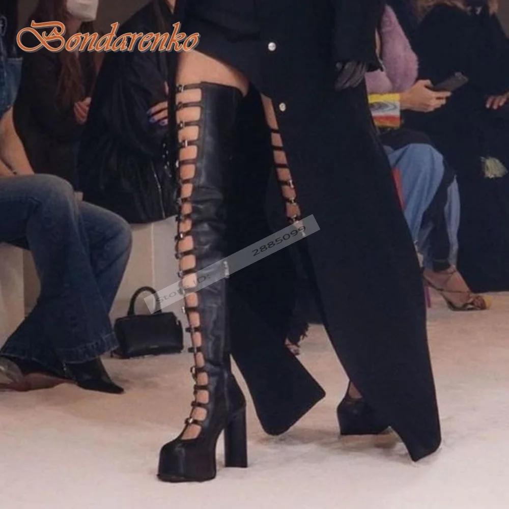Boucles creuses sangles sandales bottes été dames chaussures concepteur bout rond gros talons hauts